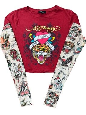 Ed Hardy Medium Red Crop Top Long Tattoo Sleeve Love Runs Wild Tiger Heart Y2K